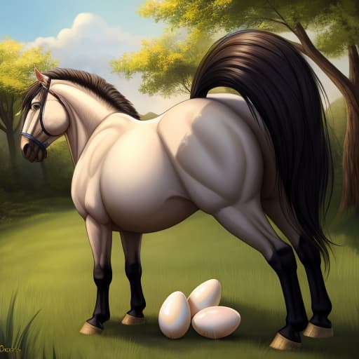  lagre chubby horse, egg, oviposition, back view, open eyes, digital art, masterpiece, 4k, fine details,