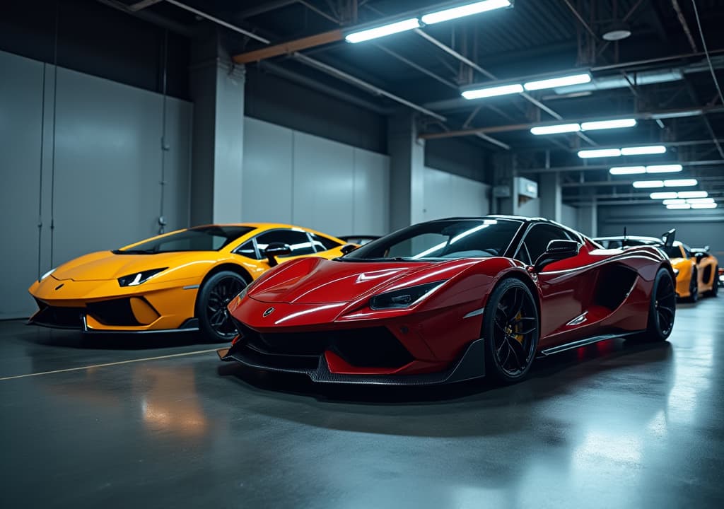  good quality, high quality, three sports cars lined up in a sleek garage with glowing lights and reflective floor.