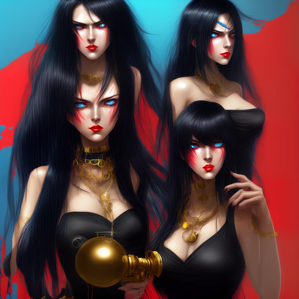  A woman with full body shape, long black hair, blue eyes, wearing a red draping dress, holding a camera. Round faces, expressive eyes, cyberpunk style, black background, gold details on jewelry.