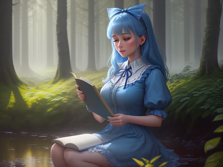  A magical young named Alice in a blue dress with hair and a ribbon on her head is reading a book by the puddle near the beautiful forest., (Extremely Detailed Oil Painting:1.2), glow effects, godrays, Hand drawn, render, 8k, octane render, cinema 4d, blender, dark, atmospheric 4k ultra detailed, cinematic sensual, Sharp focus, humorous ilration, big depth of field, Masterpiece, colors, 3d octane render, 4k, concept art, trending on artstation, hyperrealistic, Vivid colors, extremely detailed CG unity 8k wallpaper, trending on ArtStation, trending on CGSociety, Intricate, High Detail, dramatic hyperrealistic, full body, detailed clothing, highly detailed, cinematic lighting, stunningly beautiful, intricate, sharp focus, f/1. 8, 85mm, (centered image composition), (professionally color graded), ((bright soft diffused light)), volumetric fog, trending on instagram, trending on tumblr, HDR 4K, 8K