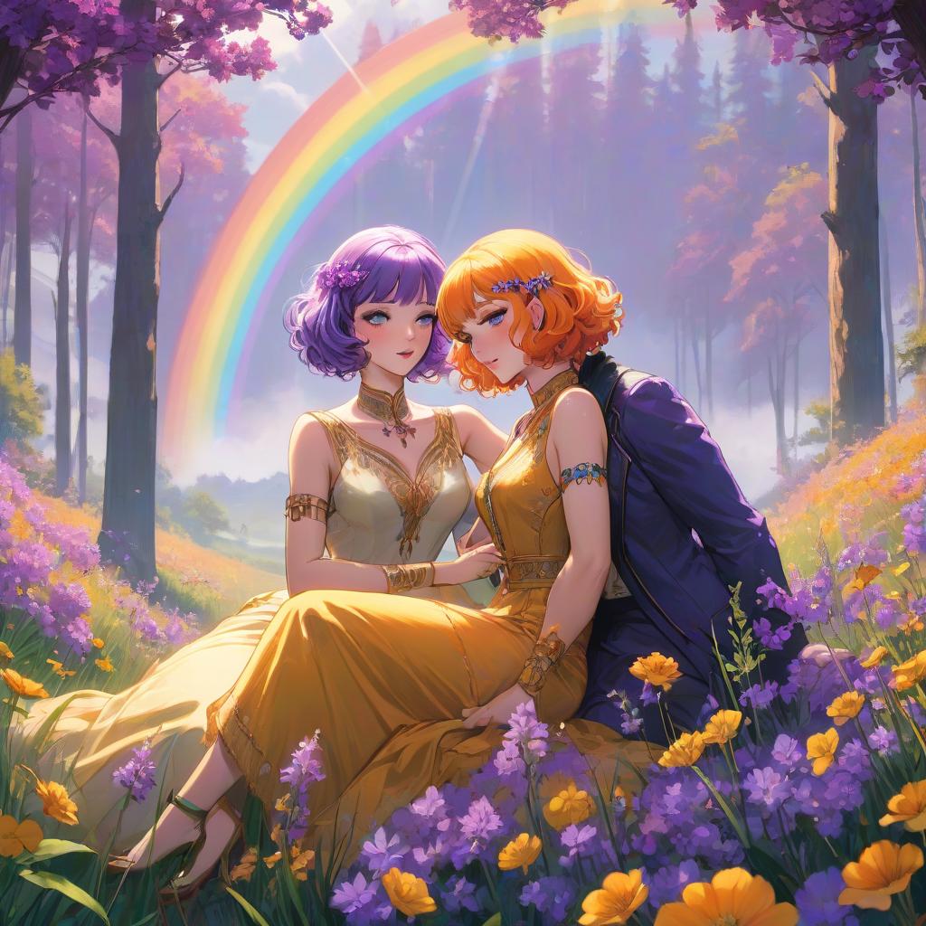  Art Deco style Two adult women are holding hands, looking affectionately into each other's eyes. They are sitting in a field of purple flowers, with a green forest and a sky with a double rainbow in the background. On the left woman, she has short purple hair with a fringe covering her left eye, pale skin, green eyes, and a slightly upturned nose. On the right woman, she has long curly orange yellow hair with a fringe covering her right eye, blue eyes, and a hooked nose. They are dressed in a mix of purple, orange, and yellow contemporary clothing. . geometric shapes, bold colors, luxurious, elegant, decorative, symmetrical, ornate, detailed hyperrealistic, full body, detailed clothing, highly detailed, cinematic lighting, stunningly beautiful, intricate, sharp focus, f/1. 8, 85mm, (centered image composition), (professionally color graded), ((bright soft diffused light)), volumetric fog, trending on instagram, trending on tumblr, HDR 4K, 8K