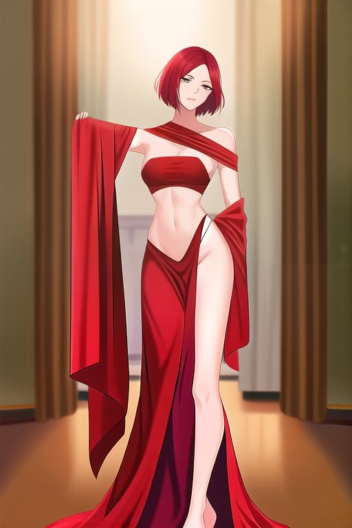  (:1.4), full body view, young woman, short red undercut hair, strapless wrap around shift, plunging neckline, age, long leg, stand in doorway., masterpiece, (detailed face), (detailed clothes), f/1.4, ISO 200, 1/160s, 4K, unedited, symmetrical balance, in-frame, masterpiece, perfect lighting, (beautiful face), (detailed face), (detailed clothes), 1 , (woman), 4K, ultrarealistic, unedited, symmetrical balance, in-frame