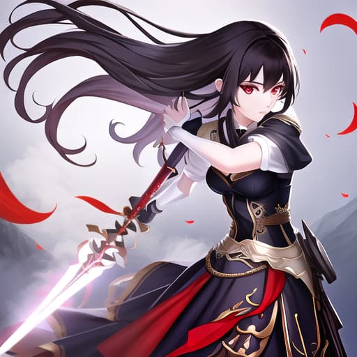  a girl manhua character with black hair and red eyes with white skin wearing knite dress and carrying a sword hyperrealistic, full body, detailed clothing, highly detailed, cinematic lighting, stunningly beautiful, intricate, sharp focus, f/1. 8, 85mm, (centered image composition), (professionally color graded), ((bright soft diffused light)), volumetric fog, trending on instagram, trending on tumblr, HDR 4K, 8K