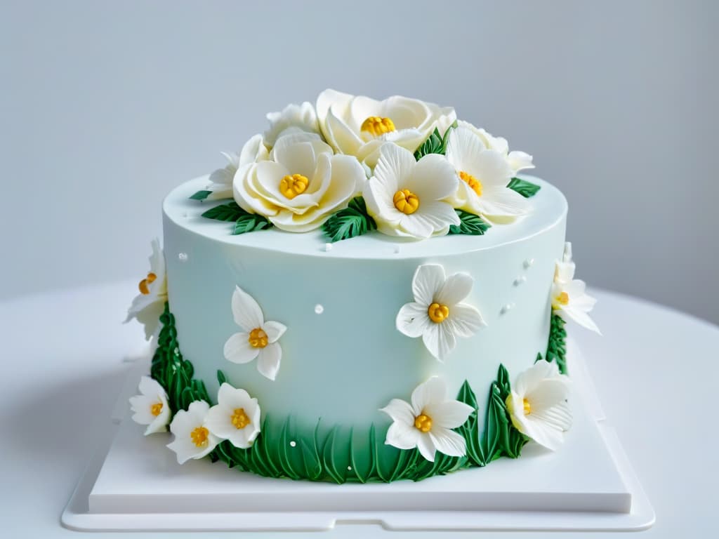  An ultradetailed closeup image of a perfectly frosted and decorated multitiered cake, showcasing intricate piping work, delicate sugar flowers, and shimmering edible gold accents. The cake sits on a sleek, white marble countertop, with soft, natural light streaming in to highlight every exquisite detail. hyperrealistic, full body, detailed clothing, highly detailed, cinematic lighting, stunningly beautiful, intricate, sharp focus, f/1. 8, 85mm, (centered image composition), (professionally color graded), ((bright soft diffused light)), volumetric fog, trending on instagram, trending on tumblr, HDR 4K, 8K