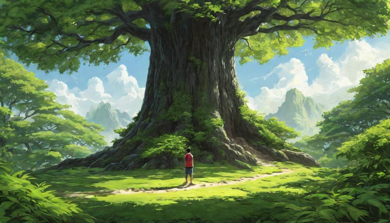  digital illustration A person, barefoot on earth, hands extended to touch the leaves of a towering tree, reconnecting with the natural world, grounding, serene. looking at viewer, dynamic pose, (intricate details, masterpiece, best quality)