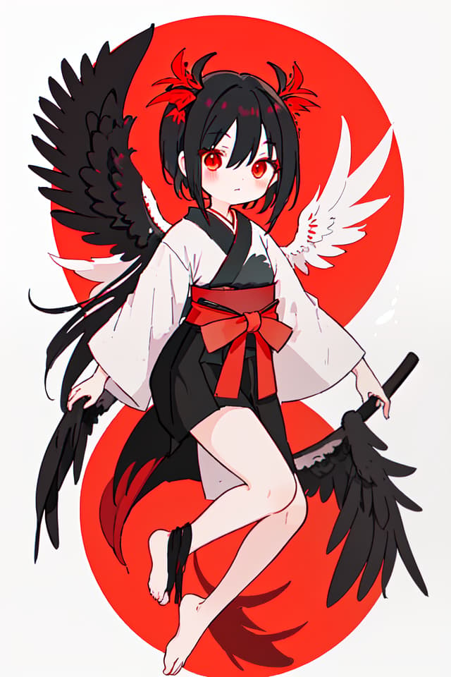  Tengu, wearing a long hem hakama, red tengu wings growing on your back, little girl, legs, black hair and fan