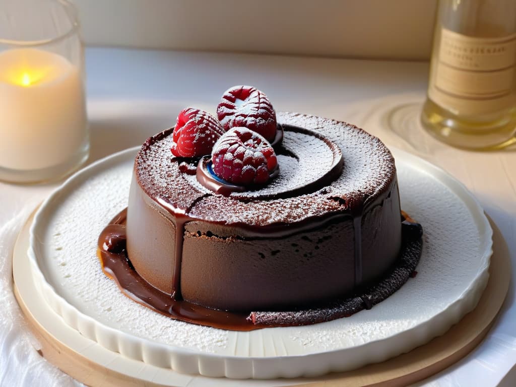  A closeup ultradetailed image of a perfectly baked glutenfree chocolate lava cake, with a glossy surface reflecting ambient light, showcasing the rich, gooey center oozing out onto a pristine white plate. The cake is delicately dusted with powdered sugar and garnished with a single vibrant raspberry perched on top, adding a pop of color to the elegant, minimalist composition. hyperrealistic, full body, detailed clothing, highly detailed, cinematic lighting, stunningly beautiful, intricate, sharp focus, f/1. 8, 85mm, (centered image composition), (professionally color graded), ((bright soft diffused light)), volumetric fog, trending on instagram, trending on tumblr, HDR 4K, 8K