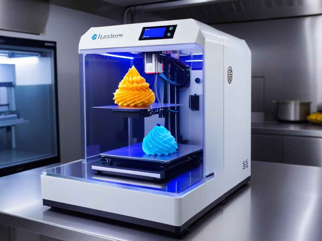  A closeup, photorealistic image of a sleek, futuristic 3D printer in action, crafting intricate and customized dessert molds. The machine is adorned with glowing lights and intricate details, showcasing advanced technology at work. The scene is set in a modern kitchen with stainless steel countertops and a soft ambient glow, emphasizing the innovation and precision of creating personalized dessert molds using 3D printing technology. hyperrealistic, full body, detailed clothing, highly detailed, cinematic lighting, stunningly beautiful, intricate, sharp focus, f/1. 8, 85mm, (centered image composition), (professionally color graded), ((bright soft diffused light)), volumetric fog, trending on instagram, trending on tumblr, HDR 4K, 8K