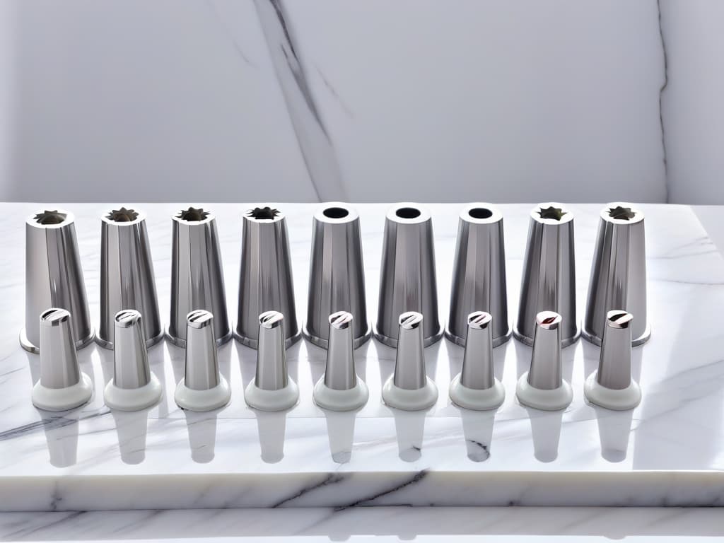  An ultradetailed closeup image of various types of cake decorating nozzles neatly arranged on a sleek, white marble surface. Each nozzle is meticulously placed, showcasing a range of sizes and designs, from star tips to petal tips, creating a visually striking and informative composition that exudes elegance and professionalism. This image captures the intricate details and craftsmanship of the tools, inviting viewers to explore the artistry and precision involved in cake decorating at a professional level. hyperrealistic, full body, detailed clothing, highly detailed, cinematic lighting, stunningly beautiful, intricate, sharp focus, f/1. 8, 85mm, (centered image composition), (professionally color graded), ((bright soft diffused light)), volumetric fog, trending on instagram, trending on tumblr, HDR 4K, 8K