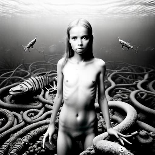  A young woman with no clothes on holding a coloured gecko and surrounded by striped rusty metal robotic fishes from a dstopian labyrinth , stable diffusion, absolute reality v1.6, perfect symmetry, photo realistic raw, in the style of jock sturges and David hamilton and hr giger, atmospheric