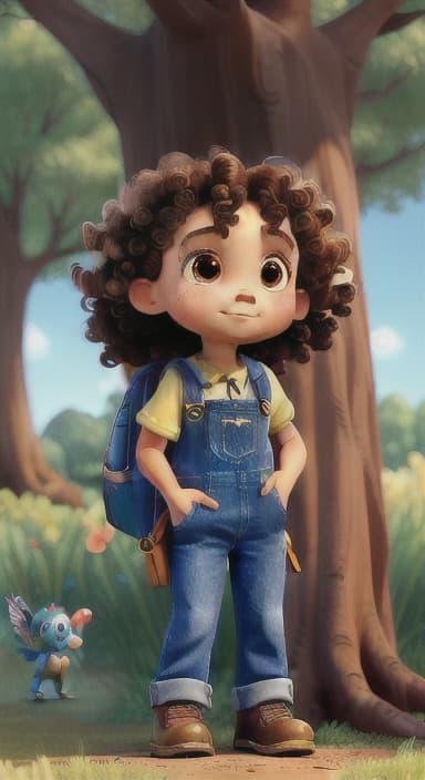  {The tree shining brightly and releasing a gentle, magical light., Riley, a curious with big brown eyes and curly hair, wearing overalls and carrying a small backpack. Their friend, Skye, a bluebird with shiny feathers.