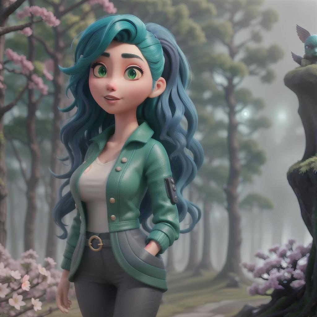  Asian, Sci fi, dark nautical, punk, a chic and quirky style, cherry blossoms, forbidden forest, green and blue colors, indie, 90s, douyin makeup, wavy hair and her hair looks like it’s being blown by the wind hyperrealistic, full body, detailed clothing, highly detailed, cinematic lighting, stunningly beautiful, intricate, sharp focus, f/1. 8, 85mm, (centered image composition), (professionally color graded), ((bright soft diffused light)), volumetric fog, trending on instagram, trending on tumblr, HDR 4K, 8K