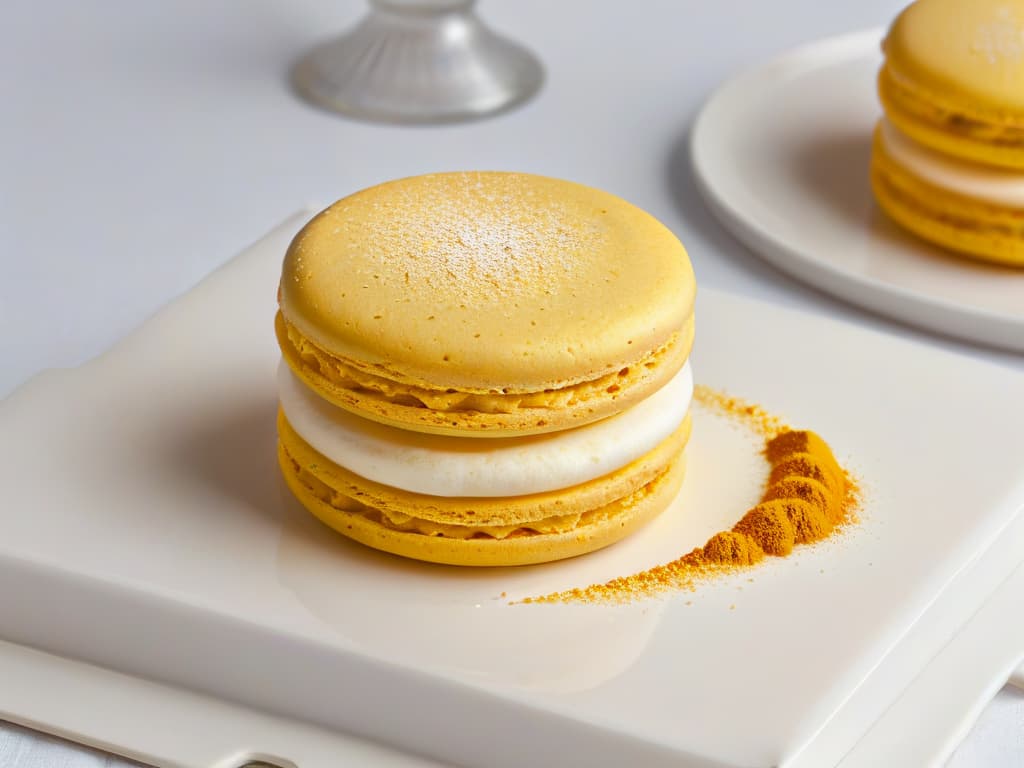  A closeup, ultradetailed image of a perfectly golden turmericflavored macaron resting on a sleek, modern ceramic plate. The macaron is delicately dusted with vibrant turmeric powder, showcasing a flawless glossy surface and intricate ridges. The soft natural lighting highlights the rich color of the macaron, creating a visually striking and minimalist composition that exudes sophistication and culinary artistry. hyperrealistic, full body, detailed clothing, highly detailed, cinematic lighting, stunningly beautiful, intricate, sharp focus, f/1. 8, 85mm, (centered image composition), (professionally color graded), ((bright soft diffused light)), volumetric fog, trending on instagram, trending on tumblr, HDR 4K, 8K