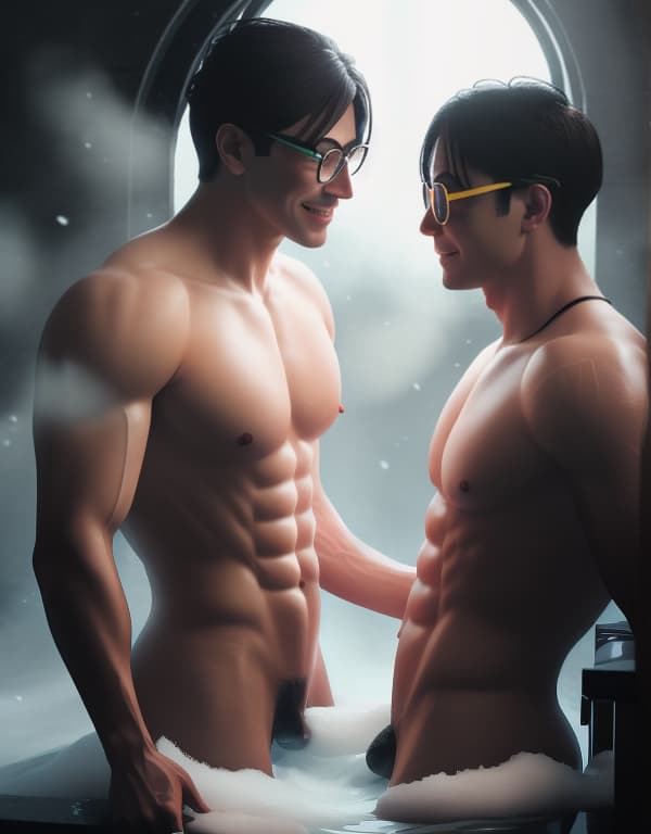  tattooed brothers with yellow glasses and white lace socks are taking a bath in snow，gay，Asian，Asiatic，Asian，Asian， portrait, happy colors, bright eyes, clear eyes, warm smile, smooth soft skin，symmetrical, anime wide eyes，big bulge， huge pectorales, naked whole body <lora:u58hvdfu4q:1> hyperrealistic, full body, detailed clothing, highly detailed, cinematic lighting, stunningly beautiful, intricate, sharp focus, f/1. 8, 85mm, (centered image composition), (professionally color graded), ((bright soft diffused light)), volumetric fog, trending on instagram, trending on tumblr, HDR 4K, 8K