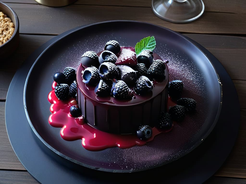  An exquisitely crafted, monochromatic dessert presentation featuring a sleek, matte black plate adorned with a meticulously placed array of glossy blackberries, dark chocolate shards, and velvety blackcurrant sorbet, all elegantly drizzled with a shimmering blackberry coulis. The contrast of textures and shades creates a visually striking and sophisticated dessert display that embodies the essence of monochromatic creativity. hyperrealistic, full body, detailed clothing, highly detailed, cinematic lighting, stunningly beautiful, intricate, sharp focus, f/1. 8, 85mm, (centered image composition), (professionally color graded), ((bright soft diffused light)), volumetric fog, trending on instagram, trending on tumblr, HDR 4K, 8K