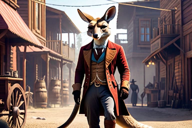  An anthropomorphic kangaroo as a bandit in the Wild West. In the style of Hanna Barbara animation studios. hyperrealistic, full body, detailed clothing, highly detailed, cinematic lighting, stunningly beautiful, intricate, sharp focus, f/1. 8, 85mm, (centered image composition), (professionally color graded), ((bright soft diffused light)), volumetric fog, trending on instagram, trending on tumblr, HDR 4K, 8K