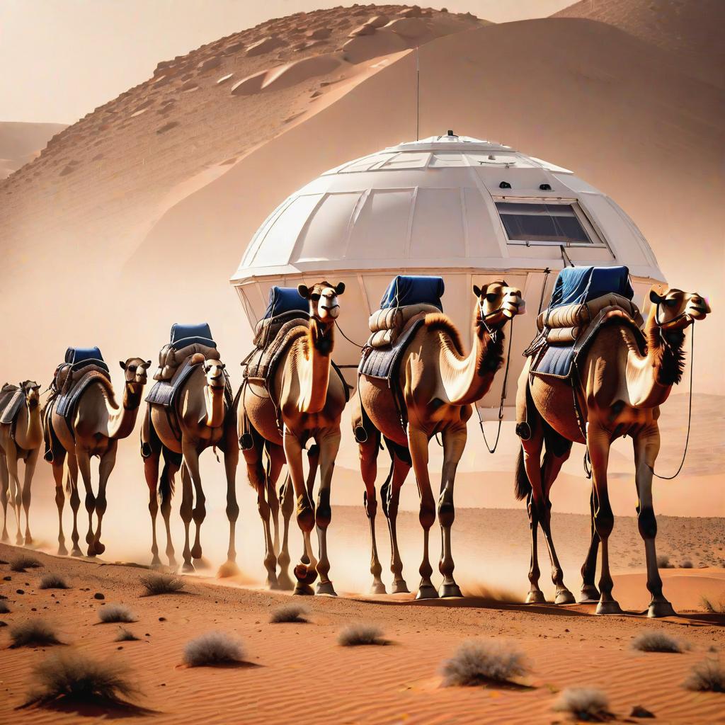  a caravan of camels traveling on Mars hyperrealistic, full body, detailed clothing, highly detailed, cinematic lighting, stunningly beautiful, intricate, sharp focus, f/1. 8, 85mm, (centered image composition), (professionally color graded), ((bright soft diffused light)), volumetric fog, trending on instagram, trending on tumblr, HDR 4K, 8K