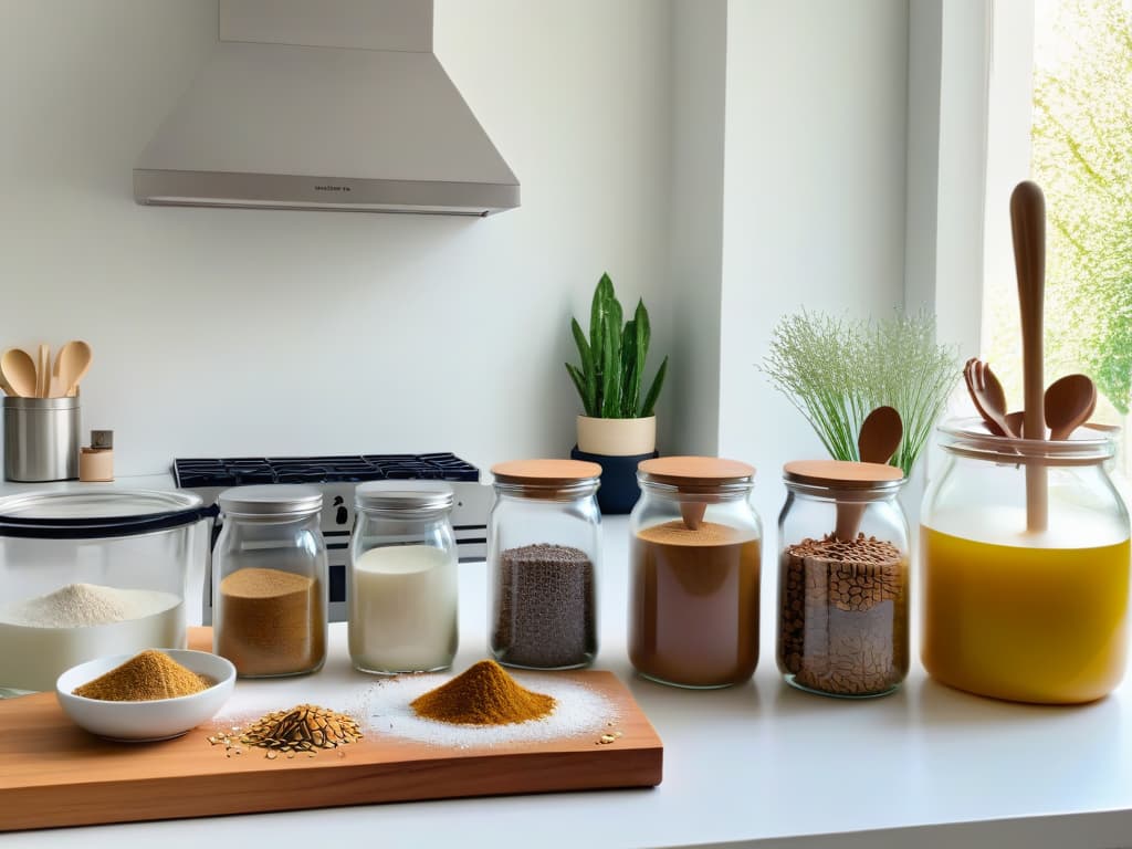  An ultradetailed image of a sleek, modern kitchen countertop adorned with an array of essential vegan baking tools and ingredients meticulously organized. The scene includes a stainless steel mixing bowl filled with flaxseeds, a stack of coconut sugar bags, a set of wooden measuring spoons, a wire whisk, a spatula, and a neatly arranged row of glass jars holding various flours and plantbased milk alternatives. The soft, natural light filtering through a nearby window casts a gentle glow on the setup, emphasizing the simplicity and elegance of the minimalistic kitchen decor. hyperrealistic, full body, detailed clothing, highly detailed, cinematic lighting, stunningly beautiful, intricate, sharp focus, f/1. 8, 85mm, (centered image composition), (professionally color graded), ((bright soft diffused light)), volumetric fog, trending on instagram, trending on tumblr, HDR 4K, 8K