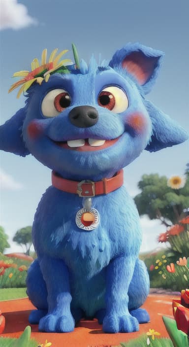  {The red ball nestled in a bed of colorful flowers like daisies and tulips, The big blue dog is large with sky blue fur, big round eyes, a black nose, and floppy ears.