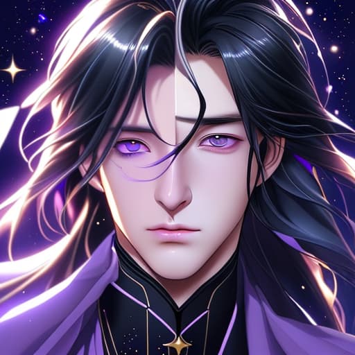  Make a handsome young man at the age of 16 having messy black hair, make one eye golden with a star pulil and the other eye violet with a void pupil also make the background like a cosmic one and make it look very animeish so make it with two different eyes as i said one golden and one violet