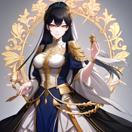  a girl manhua character with black hair and orange eyes with white skin wearing royal blue and gold noble dress hyperrealistic, full body, detailed clothing, highly detailed, cinematic lighting, stunningly beautiful, intricate, sharp focus, f/1. 8, 85mm, (centered image composition), (professionally color graded), ((bright soft diffused light)), volumetric fog, trending on instagram, trending on tumblr, HDR 4K, 8K