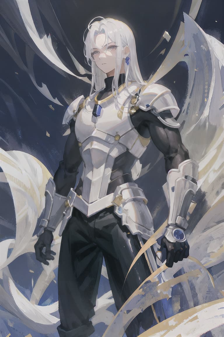  master piece , best quality,White hair, straight hair, dark eyes, male, muscular body, groom, white armor, night sky, Milky Way