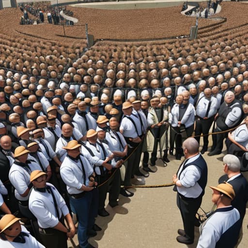  A circle of people standing in a rope jostling each other,