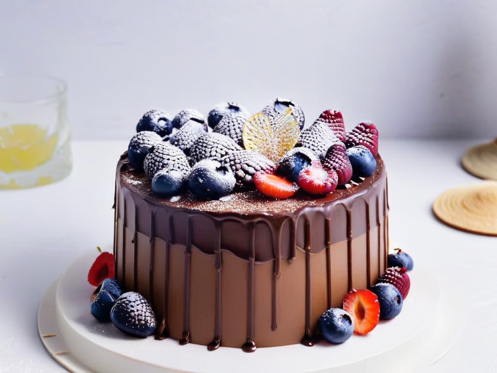  An image of a decadent, perfectly layered vegan chocolate cake, topped with glossy ganache and fresh berries, set against a sleek, white marble backdrop. The cake is intricately decorated with delicate chocolate shards and dusted with edible gold flakes, creating a luxurious and indulgent dessert that embodies the future of chocolate in vegan pastry. hyperrealistic, full body, detailed clothing, highly detailed, cinematic lighting, stunningly beautiful, intricate, sharp focus, f/1. 8, 85mm, (centered image composition), (professionally color graded), ((bright soft diffused light)), volumetric fog, trending on instagram, trending on tumblr, HDR 4K, 8K