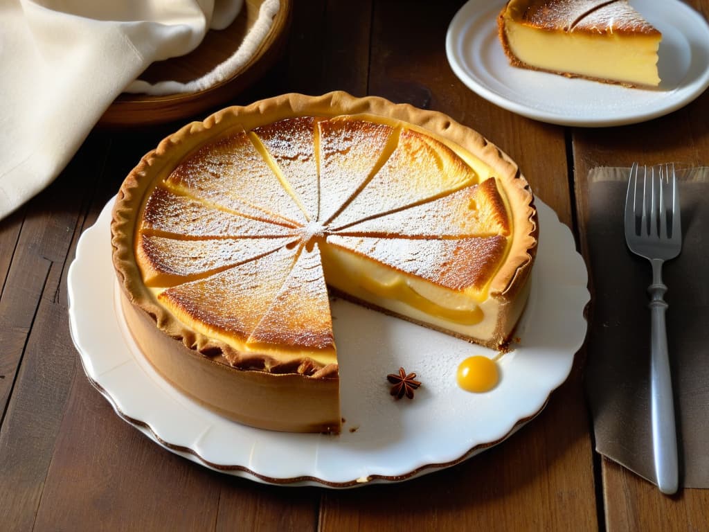  An 8k ultradetailed image of a perfectly sliced Melktert, a traditional South African milk tart, showcasing its creamy filling with a hint of cinnamon on top. The pie rests on a delicate ceramic plate with intricate floral patterns, set against a rustic wooden table. The focus is on the smooth texture of the custardlike filling and the flaky crust, inviting the viewer to indulge in its rich and comforting flavors. hyperrealistic, full body, detailed clothing, highly detailed, cinematic lighting, stunningly beautiful, intricate, sharp focus, f/1. 8, 85mm, (centered image composition), (professionally color graded), ((bright soft diffused light)), volumetric fog, trending on instagram, trending on tumblr, HDR 4K, 8K