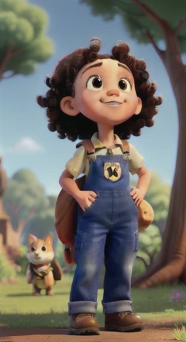  {Riley looking up at the tree with a big smile, animals surrounding them., Riley, a curious with big brown eyes and curly hair, wearing overalls and carrying a small backpack. Their friend, Skye, a bluebird with shiny feathers.