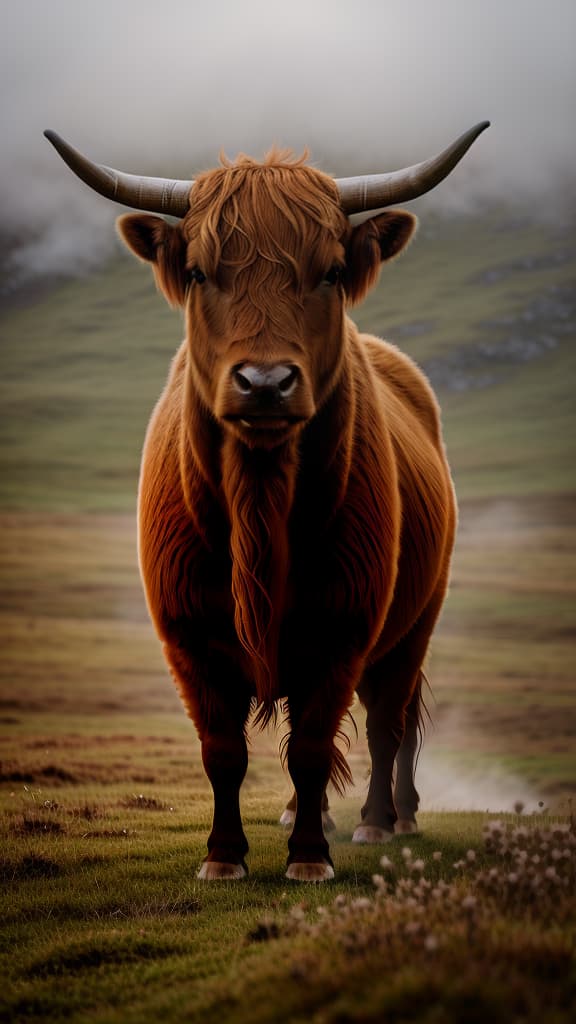  Big highland cow, tundra, high resolution , hyperrealistic, high quality, highly detailed, cinematic lighting, intricate, sharp focus, f/1. 8, 85mm, (centered image composition), (professionally color graded), ((bright soft diffused light)), volumetric fog, trending on instagram, HDR 4K, 8K