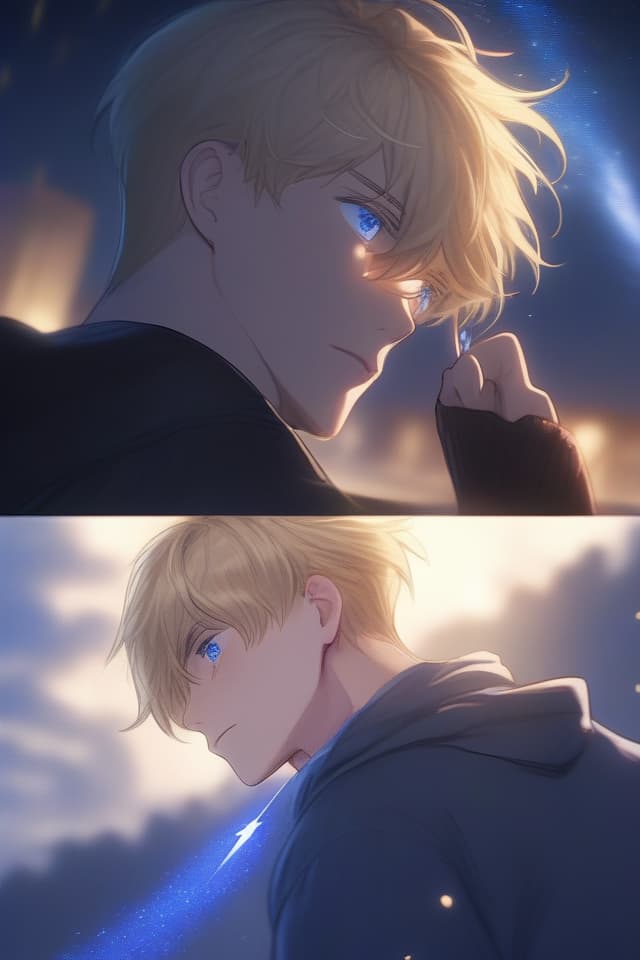  Gentle illustration,masterpiece,male,blonde hair,blue eyes,sad beautiful young man,shooting star,staring,"Remember me" high quality,8k