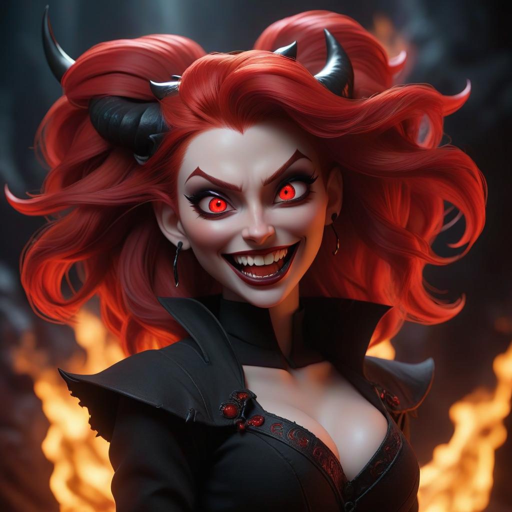  A girl demon with red hair, fangs showing in her smile, black horns, and glowing red eyes, is dressed in dark clothes against a backdrop of hell. hyperrealistic, full body, detailed clothing, highly detailed, cinematic lighting, stunningly beautiful, intricate, sharp focus, f/1. 8, 85mm, (centered image composition), (professionally color graded), ((bright soft diffused light)), volumetric fog, trending on instagram, trending on tumblr, HDR 4K, 8K