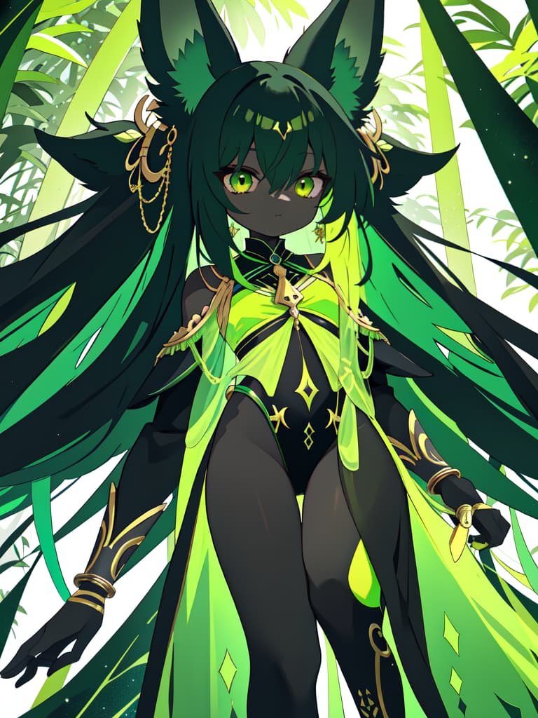  Green hair character and black Anubis, masterpiece, best quality,8k,ultra detailed,high resolution,an extremely delicate and beautiful,hyper detail