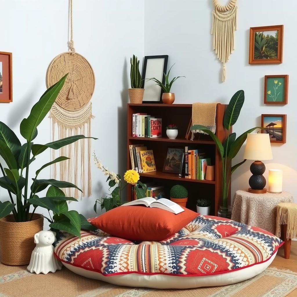  inviting reading nook in boho style featuring a plush, oversized floor cushion in vibrant patterns, surrounded by potted plants, a woven bookshelf filled with books, and ambient lighting from a natural wood lamp. decorate the walls with macramé hangings and colorful artwork, creating a serene and cozy atmosphere perfect for relaxation., , , , , , , , , ,