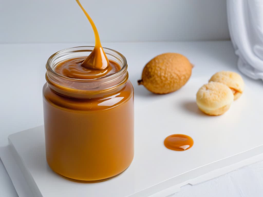  A closeup, ultrahighresolution image of a glass jar filled with homemade dulce de leche, showcasing its creamy texture and rich caramel color, set against a clean, white background with soft natural lighting. hyperrealistic, full body, detailed clothing, highly detailed, cinematic lighting, stunningly beautiful, intricate, sharp focus, f/1. 8, 85mm, (centered image composition), (professionally color graded), ((bright soft diffused light)), volumetric fog, trending on instagram, trending on tumblr, HDR 4K, 8K