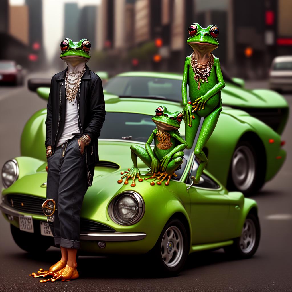  standing frog wearing jewelry and urban clothes posing by a fast car