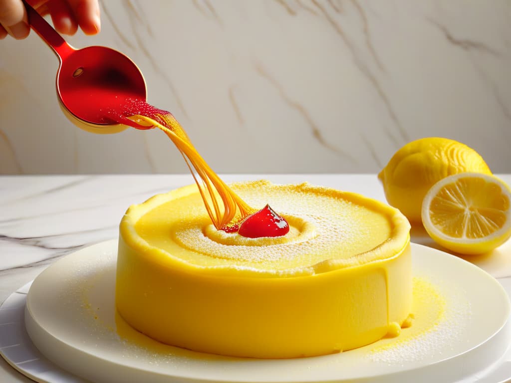  A closeup, ultradetailed image of delicate saffron threads being carefully sprinkled onto a vibrant yellow lemon tart, set against a sleek, modern white marble background. The threads glisten in the light, showcasing their rich red hue and intricate texture, creating a mesmerizing contrast with the smooth, glossy surface of the dessert. The composition is elegant and sophisticated, highlighting the luxurious and unique touch that saffron brings to pastry creations. hyperrealistic, full body, detailed clothing, highly detailed, cinematic lighting, stunningly beautiful, intricate, sharp focus, f/1. 8, 85mm, (centered image composition), (professionally color graded), ((bright soft diffused light)), volumetric fog, trending on instagram, trending on tumblr, HDR 4K, 8K