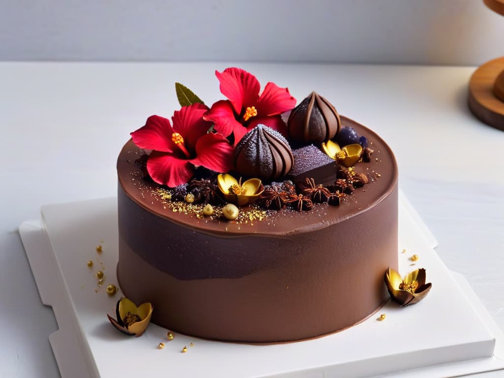  A beautifully detailed photorealistic image of a FrenchAfrican fusion dessert masterpiece: a decadent chocolate mousse cake adorned with delicate gold leaf, vibrant hibiscus flowers, and intricate sugar art inspired by both French and African design motifs. The cake sits on a sleek marble platter, surrounded by scattered cocoa beans and exotic spices like cardamom and cinnamon, with soft, dappled candlelight casting elegant shadows that highlight its exquisite details. hyperrealistic, full body, detailed clothing, highly detailed, cinematic lighting, stunningly beautiful, intricate, sharp focus, f/1. 8, 85mm, (centered image composition), (professionally color graded), ((bright soft diffused light)), volumetric fog, trending on instagram, trending on tumblr, HDR 4K, 8K