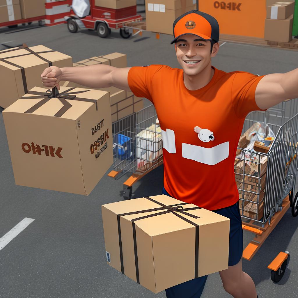  masterpiece, best quality, Best Quality, Masterpiece, 8k resolution, high resolution concept art of A delivery man wearing an orange shirt and carrying a box and with a smile on his face he races against time to reach the customer