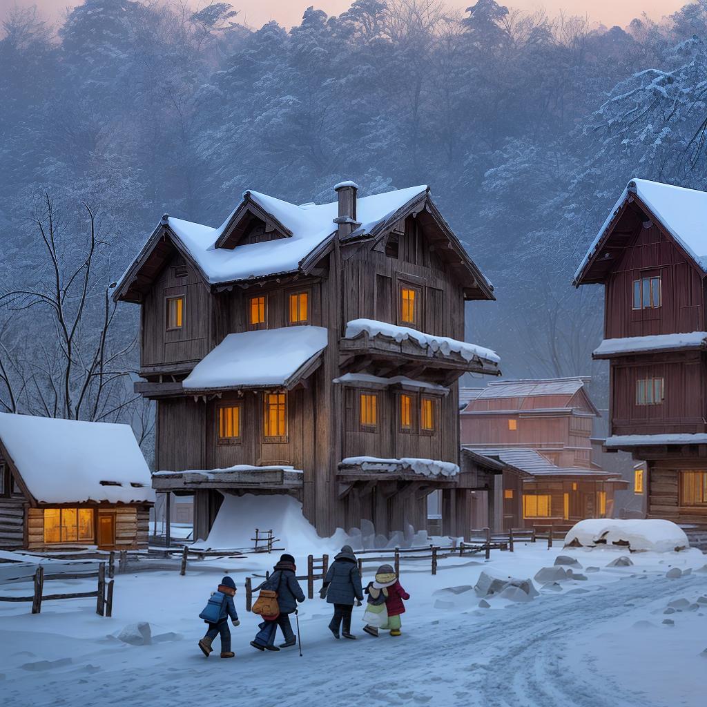  winter, evening, heavy snow, a single very dilapidated wooden house, front view, merge cartoon style