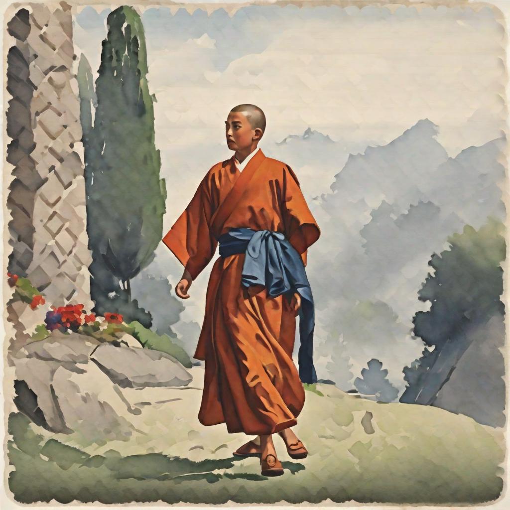  masterpiece, best quality,Please draw a picture of a young monk hurrying up the hill