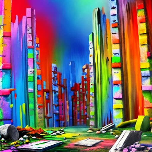  Crayon painted colorful world ruins,