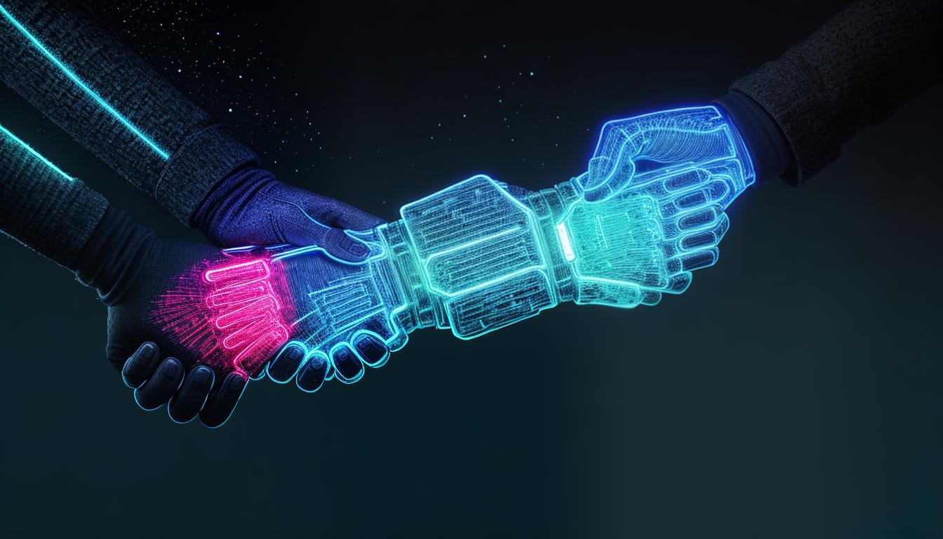  digital illustration, A handshake glowing with energy, hands are firm, mutual respect and advantageous partnership, dynamic, reciprocal benefits., looking at viewer, dynamic pose, (intricate details, masterpiece, best quality)