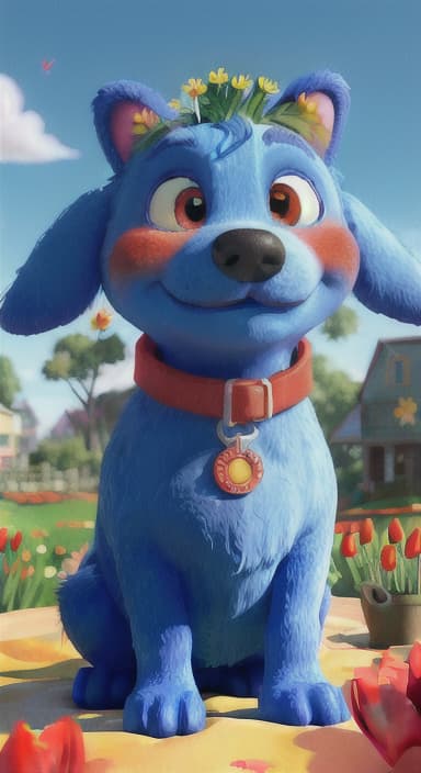  {The red ball nestled in a bed of colorful flowers like daisies and tulips, The big blue dog is large with sky blue fur, big round eyes, a black nose, and floppy ears.