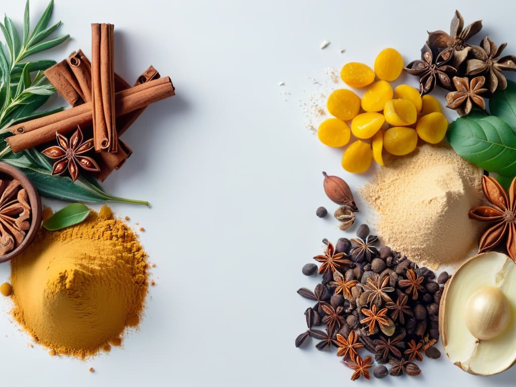  An ultradetailed image of a variety of colorful spices commonly used in baking and dessertmaking, such as cinnamon sticks, star anise, vanilla beans, cardamom pods, and cloves, neatly arranged on a sleek, modern, minimalist white background. Each spice is vibrant and rich in color, with intricate details visible down to the finest textures and patterns on their surfaces. The composition is balanced and visually striking, highlighting the beauty and diversity of these essential baking ingredients in a sophisticated and elegant manner. hyperrealistic, full body, detailed clothing, highly detailed, cinematic lighting, stunningly beautiful, intricate, sharp focus, f/1. 8, 85mm, (centered image composition), (professionally color graded), ((bright soft diffused light)), volumetric fog, trending on instagram, trending on tumblr, HDR 4K, 8K