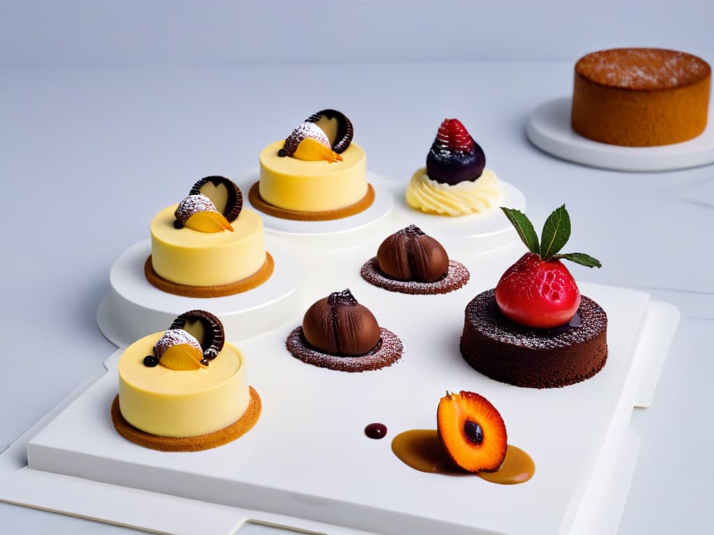  An image of a sleek, modern kitchen countertop adorned with a row of beautifully crafted desserts incorporating maca powder. Each dessert is elegantly presented on white minimalist plates, showcasing a variety of textures and colors. The desserts range from rich chocolate cakes dusted with maca powder to delicate macaron shells filled with macainfused cream. The overall aesthetic is clean, sophisticated, and visually appealing, highlighting the versatility of maca in pastry creations. hyperrealistic, full body, detailed clothing, highly detailed, cinematic lighting, stunningly beautiful, intricate, sharp focus, f/1. 8, 85mm, (centered image composition), (professionally color graded), ((bright soft diffused light)), volumetric fog, trending on instagram, trending on tumblr, HDR 4K, 8K