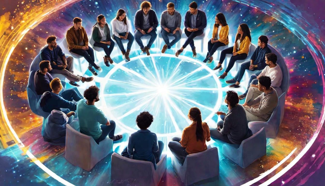  digital illustration, A circle of individuals seated together, light language symbols flowing between them, ambient glowing aura, unity, collective energy, deep connection, looking at viewer, dynamic pose, (intricate details, masterpiece, best quality)