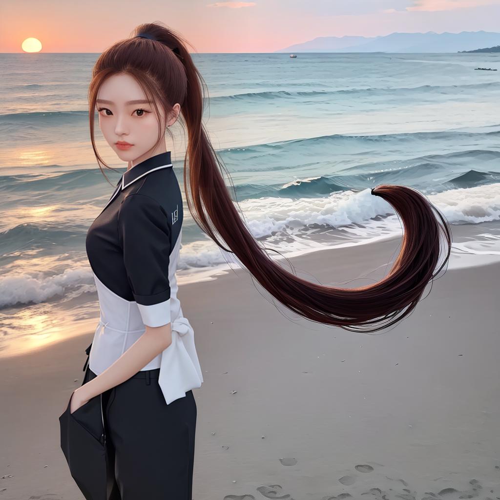  Masterpiece, best quality, high ponytail single ponytail , ponytail and waist, facial features correct, slender ,jk uniform, youthful, sunset at the beach,4k ultra clear, very good figure, long beauty