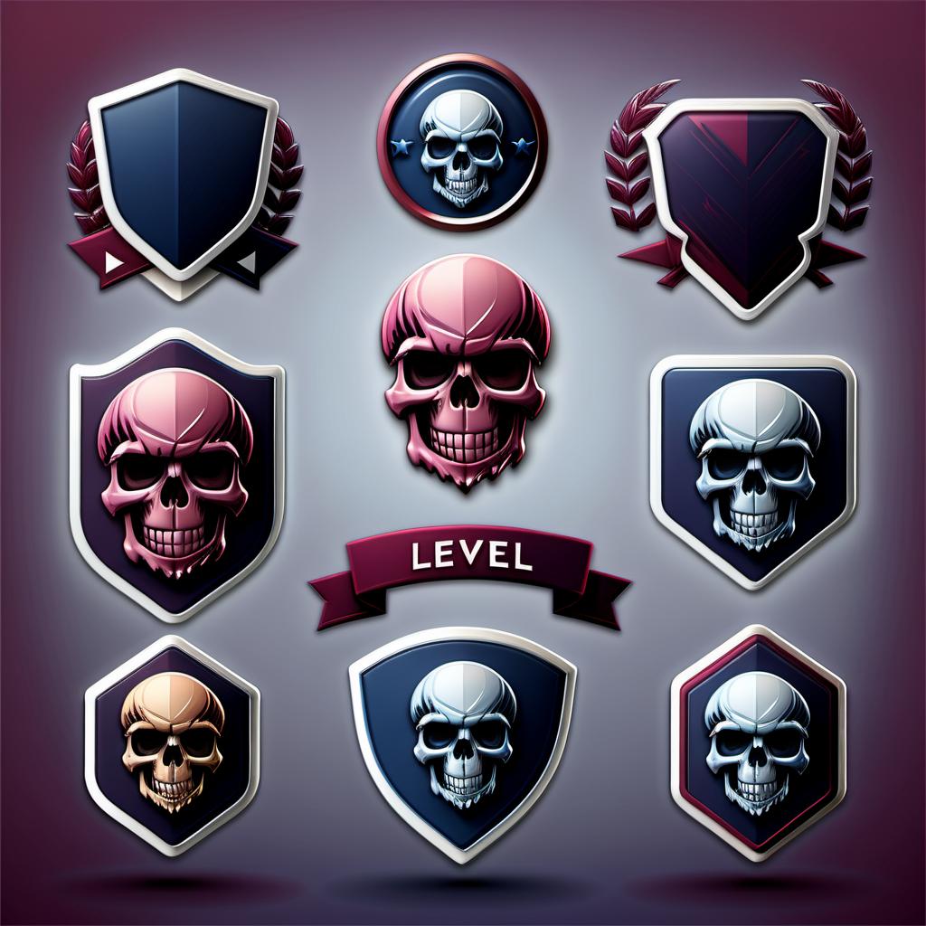  Icons and badges for Streamer based on level, realistic skull style, burgundy and navy color